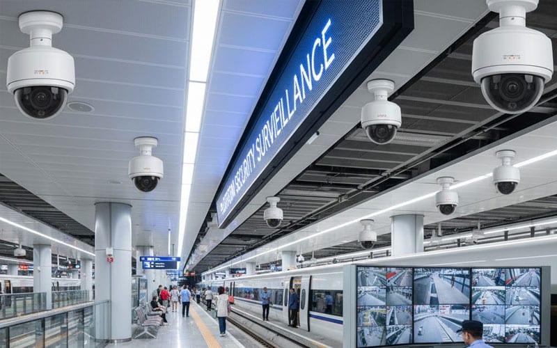 Surveillance cameras and monitor banks covering a busy metro rail platform