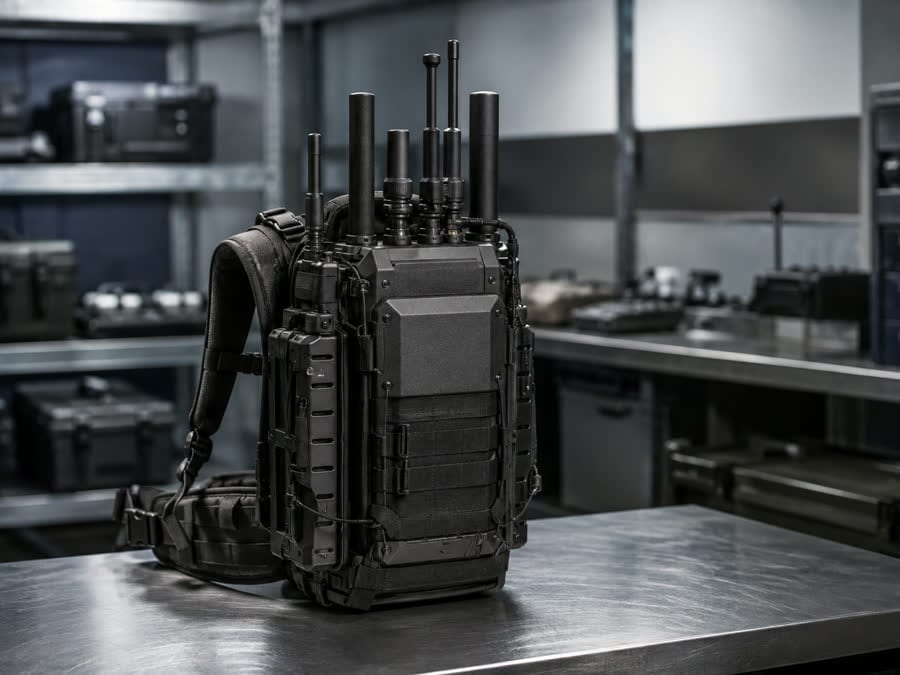 A backpack-mounted RF jamming unit with multiple stubby antennas on a steel bench