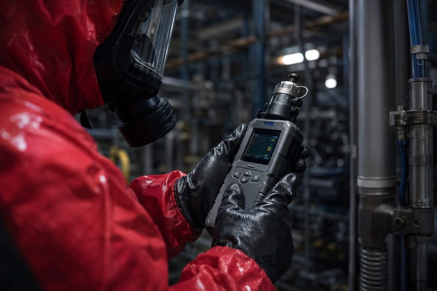 A hazmat responder in a red suit reading a handheld chemical detector inside an industrial plant