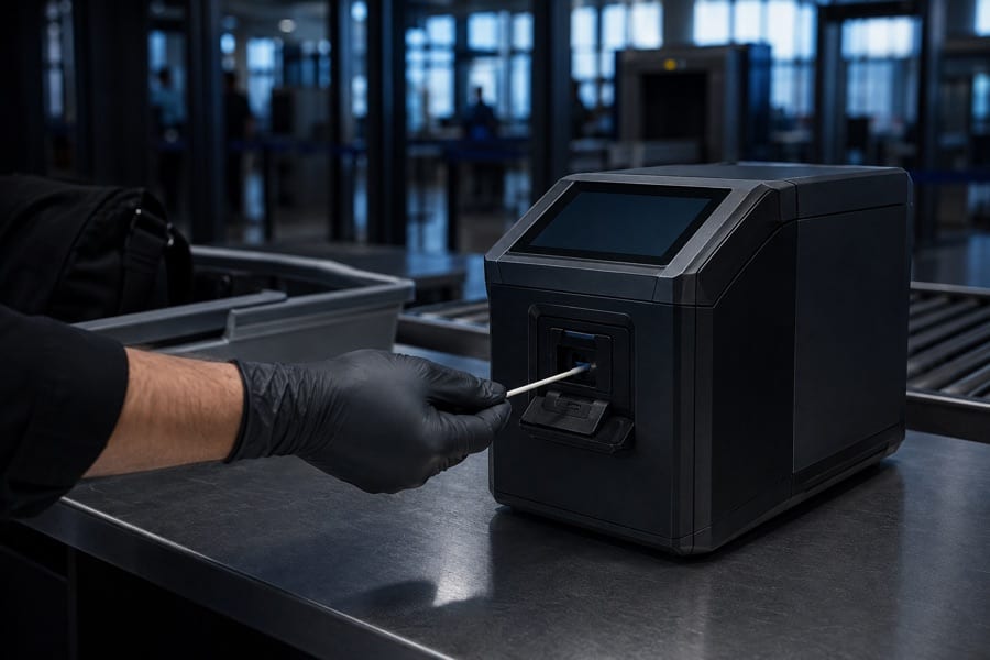 A gloved hand inserting a sample swab into a benchtop explosive trace detector at an airport checkpoint