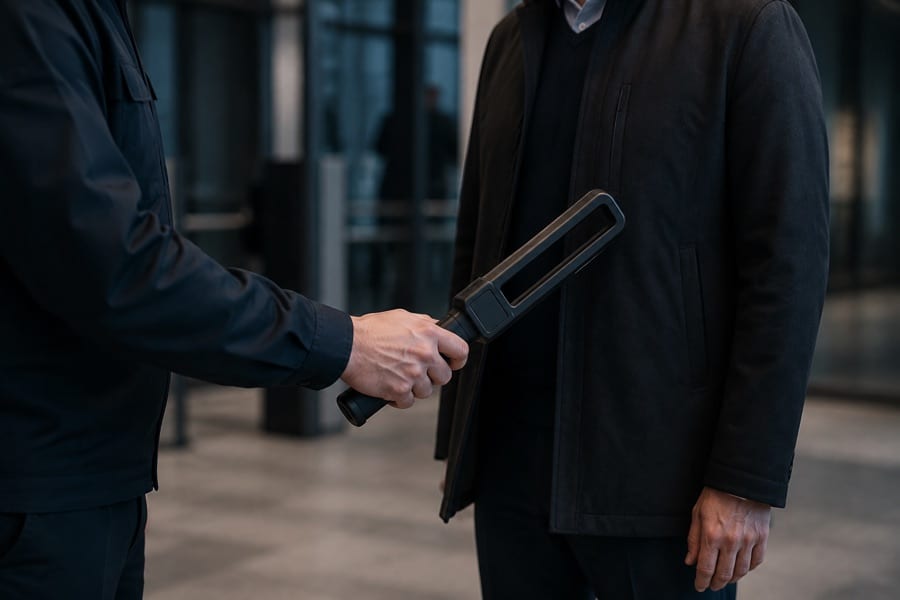 A security guard screening a visitor with a hand-held metal detector at an office entrance