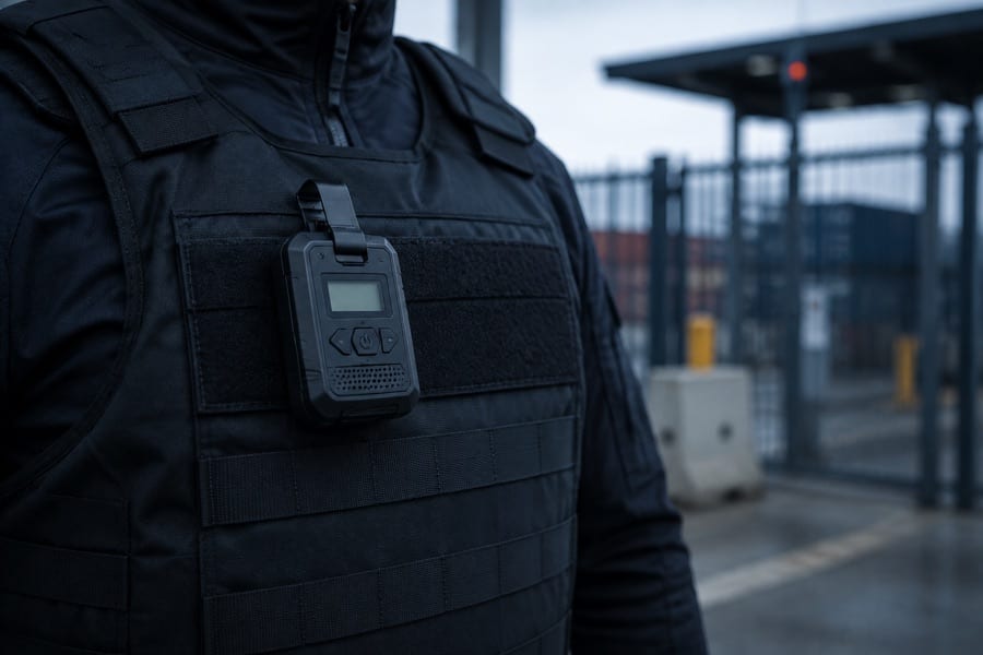 A personal radiation detector and dosimeter clipped to a security officer's vest at a cargo gate