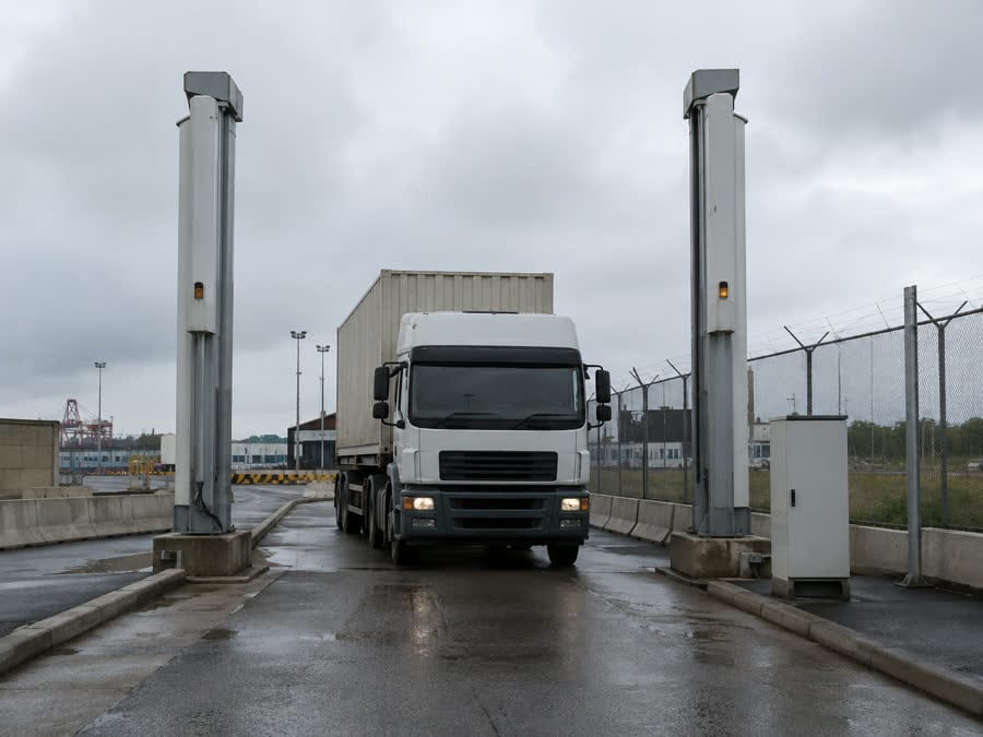 A radiation portal monitor at a cargo gate, two tall detector pillars with a truck approaching between them