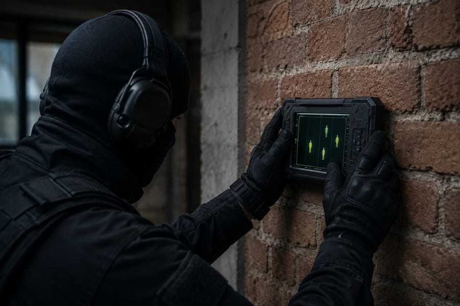 A handheld through-wall radar held against a brick wall, its screen showing detected figures