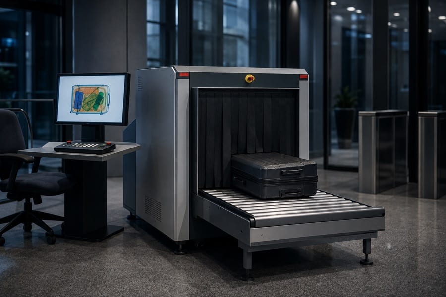 A compact X-ray baggage scanner with conveyor and lead curtains in a corporate lobby
